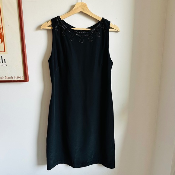 Vintage 90s Y2K Laura Ashley Black Silk Mini Pencil Dress Size 8 Beaded Neckline - Picture 2 of 9